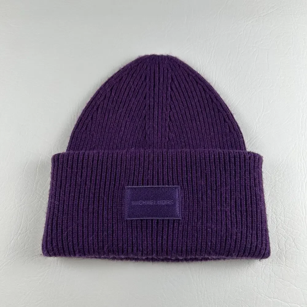 Michael Kors Purple Cuffed Beanie Women’s Wool Blend Ribbed Knit Logo Hat